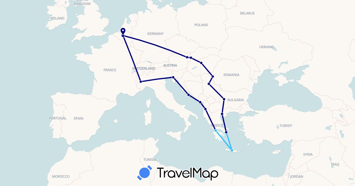 TravelMap itinerary: driving, boat in Albania, Austria, Belgium, Bulgaria, Greece, Croatia, Hungary, Italy, Montenegro, Romania, Serbia, Slovakia (Europe)